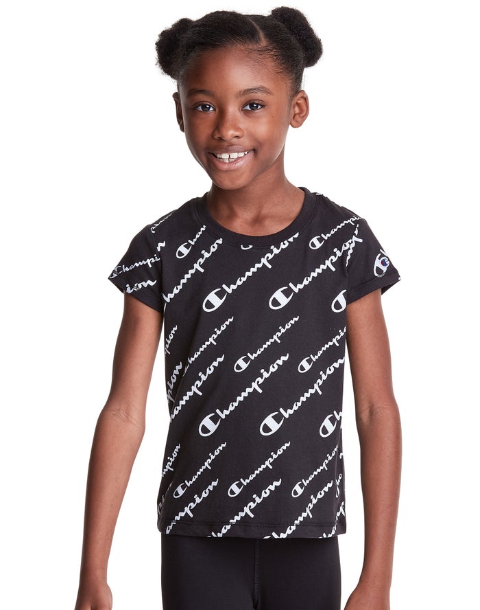 Champion Girls T-Shirt NZ - Classic All Over Logo Black ( 6352-ZKSGW )